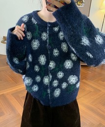 ダブルジャガード花柄ニットカーディガン
