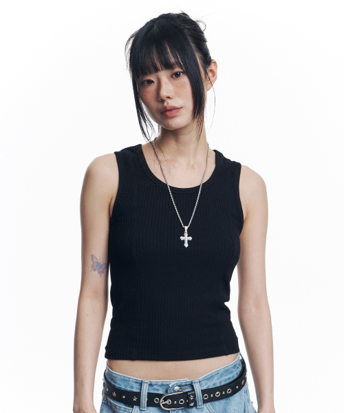 EASY NO EASY（イージーノーイージー）の「リブド切り替えスリーブレス - ブラック（Tシャツ/カットソー・レディース・その他・1）」の2枚目の写真