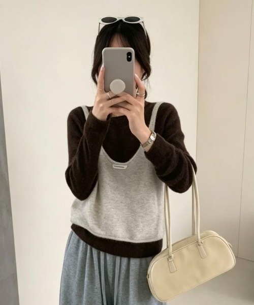 MONO8（モノハチ）の「深Uネックニットタンクミ×ニットトップスSET（ニット/セーター・レディース・グレー/ベージュ/モカ・M）」の9枚目の写真