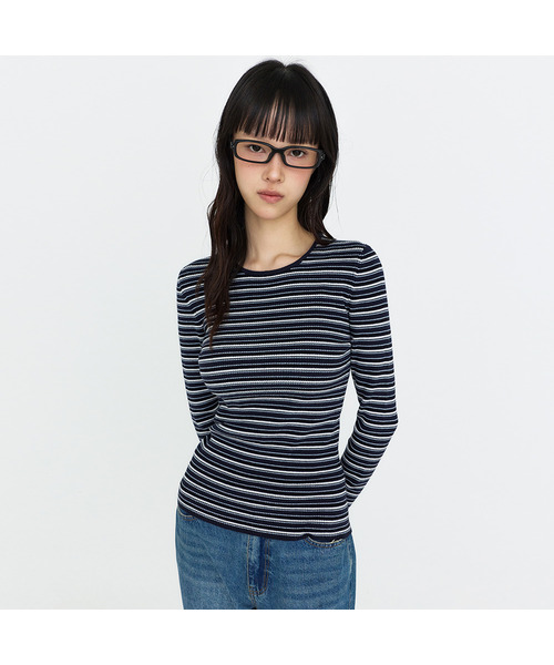 MONGDOL(モンドル)の「ストライプ ラウンドネック リブニット MDKT162_3 Colors(ニット/セーター・レディース・ライトグレー/ネイビー/ダークグレー・F)」の3枚目の写真