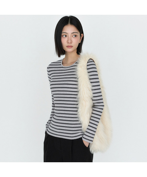 MONGDOL(モンドル)の「ストライプ ラウンドネック リブニット MDKT162_3 Colors(ニット/セーター・レディース・ライトグレー/ネイビー/ダークグレー・F)」の2枚目の写真