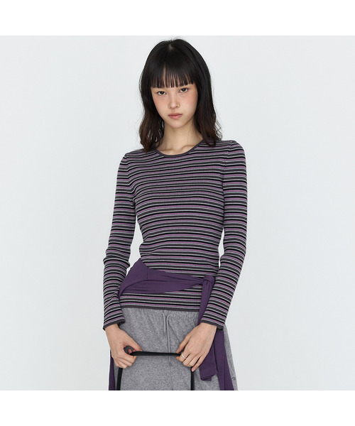 MONGDOL(モンドル)の「ストライプ ラウンドネック リブニット MDKT162_3 Colors(ニット/セーター・レディース・ライトグレー/ネイビー/ダークグレー・F)」の1枚目の写真