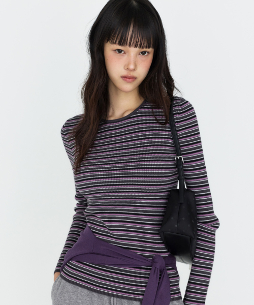 MONGDOL(モンドル)の「ストライプ ラウンドネック リブニット MDKT162_3 Colors(ニット/セーター・レディース・ライトグレー/ネイビー/ダークグレー・F)」の4枚目の写真