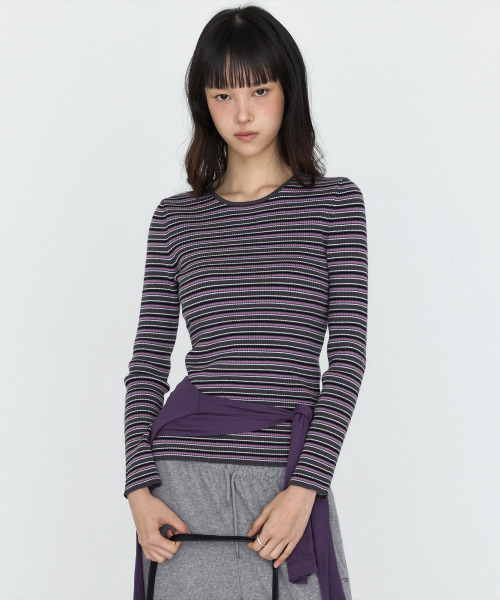 MONGDOL(モンドル)の「ストライプ ラウンドネック リブニット MDKT162_3 Colors(ニット/セーター・レディース・ライトグレー/ネイビー/ダークグレー・F)」の6枚目の写真