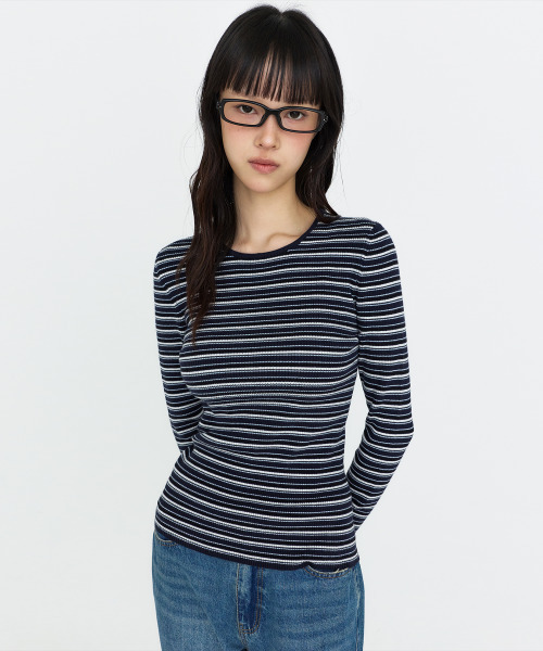 MONGDOL(モンドル)の「ストライプ ラウンドネック リブニット MDKT162_3 Colors(ニット/セーター・レディース・ライトグレー/ネイビー/ダークグレー・F)」の9枚目の写真