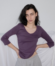 Vネック 7分袖 スリムTシャツ パープル