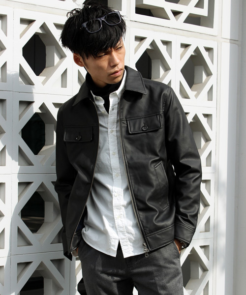 ESSENTIAL GARMENT MEN'S BIGI(エッセンシャルガーメントメンズビギ)の「フェイクレザーライダースジャケット(ライダースジャケット・メンズ・キャメル/ブラック・M/L/S)」の2枚目の写真