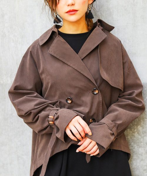 Fashion Letter（ファッションレター）の「オーバーシルエット キャンディ袖ショートトレンチコート ライトアウター（トレンチコート・レディース・ブラック/ベージュ/サンドベージュ/キャメル/ダークカーキ/スモークピンク/ベージュ系その他/テラコッタ/ブラウン・M/L）」の18枚目の写真