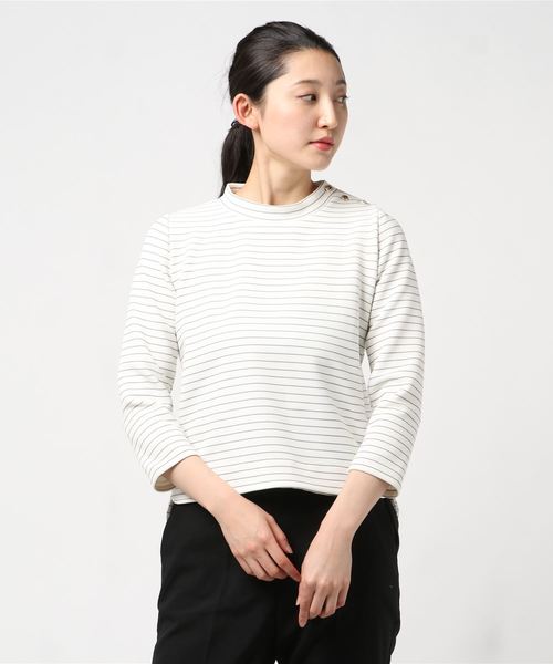 12Twelve Agenda(トゥエルブ アジェンダ)の「肩釦ハイネックボーダーカットソープルオーバー(Tシャツ/カットソー・レディース・ブラック/オフホワイト・M)」の6枚目の写真
