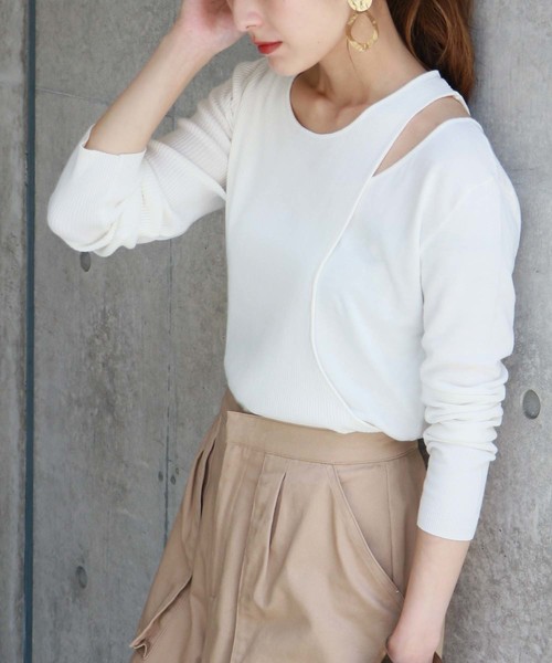 HER CLOSET（ハークローゼット）の「【HERCLOSET】アシメレイヤード肩スリットニット（ニット/セーター・レディース・オフホワイト/ブラック/ベージュ/キャメル/ブルーグリーン/ワインレッド・M）」の14枚目の写真