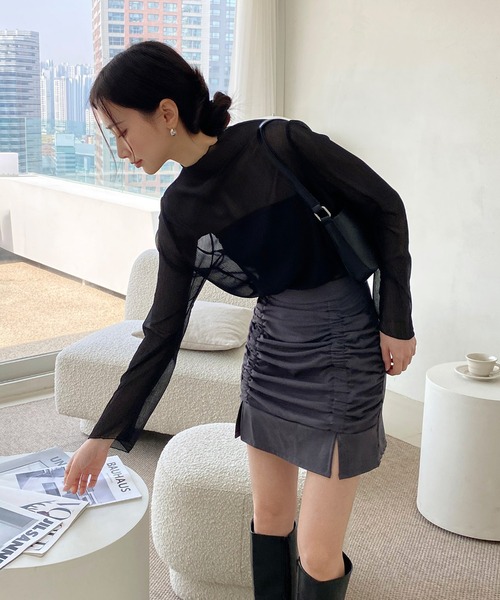 by muni:r（バイ ムニール）の「ハイネック シースルーブラウス（シャツ/ブラウス・レディース・ダークグリーン/イエロー/グリーン/ミント/パープル/アイボリー/ブラック・FREE）」の15枚目の写真