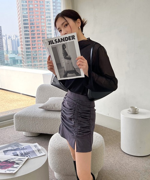 by muni:r（バイ ムニール）の「ハイネック シースルーブラウス（シャツ/ブラウス・レディース・ダークグリーン/イエロー/グリーン/ミント/パープル/アイボリー/ブラック・FREE）」の14枚目の写真