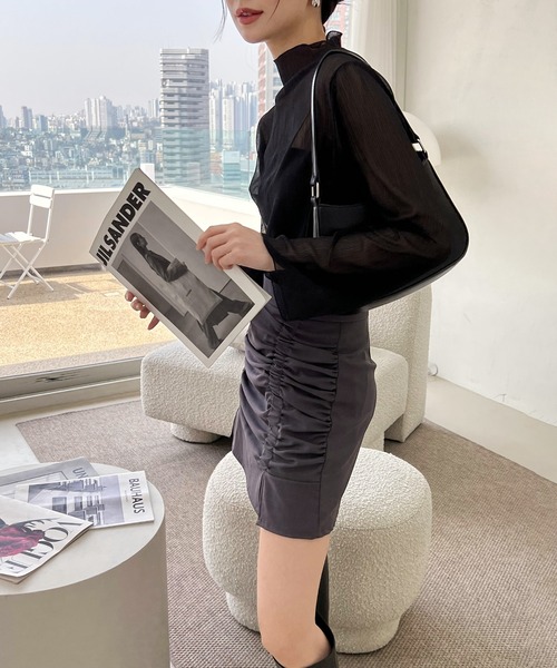 by muni:r（バイ ムニール）の「ハイネック シースルーブラウス（シャツ/ブラウス・レディース・ダークグリーン/イエロー/グリーン/ミント/パープル/アイボリー/ブラック・FREE）」の12枚目の写真