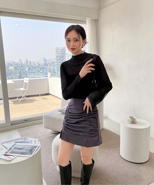 by muni:r（バイ ムニール）の「ハイネック シースルーブラウス（シャツ/ブラウス・レディース・ダークグリーン/イエロー/グリーン/ミント/パープル/アイボリー/ブラック・FREE）」の9枚目の写真