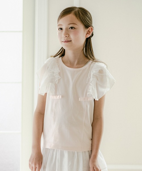 Catherine Cottage（キャサリンコテージ）の「ショルダーフリルリボントップス（Tシャツ/カットソー・キッズ・ミント/ベビーピンク/グレー/ホワイト/ブラック/ネイビー・150/110/120/130/140）」の2枚目の写真
