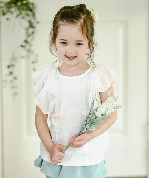 Catherine Cottage（キャサリンコテージ）の「ショルダーフリルリボントップス（Tシャツ/カットソー・キッズ・ミント/ベビーピンク/グレー/ホワイト/ブラック/ネイビー・150/110/120/130/140）」の3枚目の写真