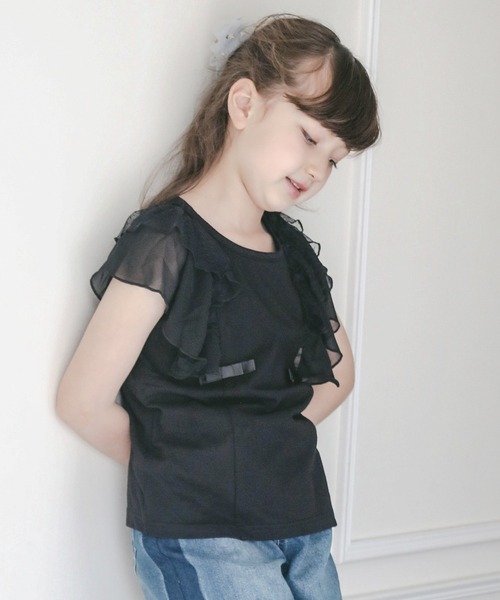 Catherine Cottage（キャサリンコテージ）の「ショルダーフリルリボントップス（Tシャツ/カットソー・キッズ・ミント/ベビーピンク/グレー/ホワイト/ブラック/ネイビー・150/110/120/130/140）」の4枚目の写真