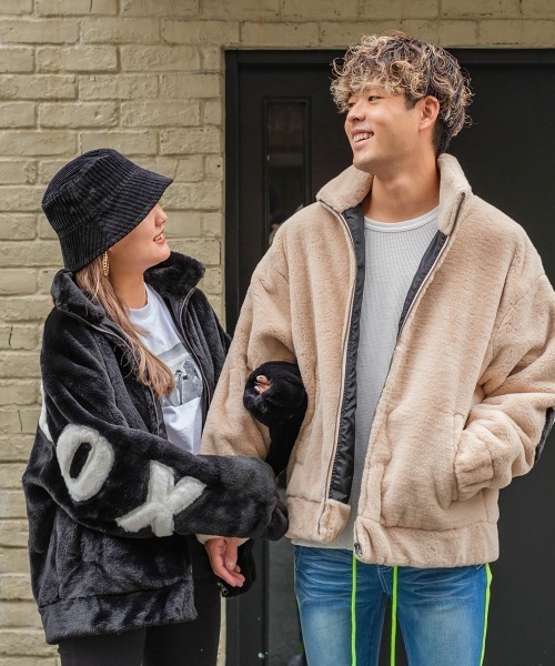 バックロゴ スタンドカラー ジップ ファー ブルゾン レオパード