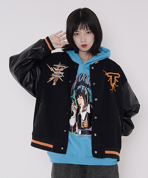 HOOK（フック）の「【HOOK】【再販】 PU袖切り替えブルゾン・クロネコ