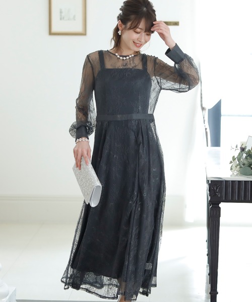 PourVous(プールヴー)の「2セットワンピースドレスセレモニー ミモレ丈&袖あり フォーマル オケージョンドレス 結婚式 お呼ばれ 二次会 成人式 (ドレス・レディース・ブラック/ライトグレー系/イエロー/カーキ・M)」の3枚目の写真