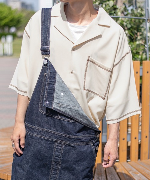 PairPair(ペアペア)の「配色ステッチ開襟シャツ(ユニセックス)(シャツ/ブラウス・メンズ・ブラック/アイボリー/ブルー系その他/カーキ・MEDIUM/LARGE)」の1枚目の写真