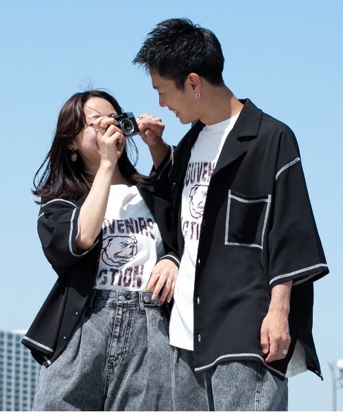 PairPair(ペアペア)の「配色ステッチ開襟シャツ(ユニセックス)(シャツ/ブラウス・メンズ・ブラック/アイボリー/ブルー系その他/カーキ・MEDIUM/LARGE)」の2枚目の写真