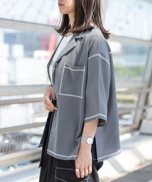 PairPair(ペアペア)の「配色ステッチ開襟シャツ(ユニセックス)(シャツ/ブラウス・メンズ・ブラック/アイボリー/ブルー系その他/カーキ・MEDIUM/LARGE)」の12枚目の写真