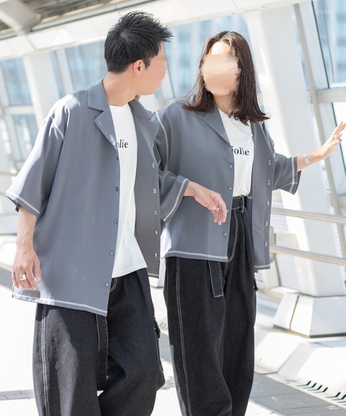 PairPair(ペアペア)の「配色ステッチ開襟シャツ(ユニセックス)(シャツ/ブラウス・メンズ・ブラック/アイボリー/ブルー系その他/カーキ・MEDIUM/LARGE)」の9枚目の写真