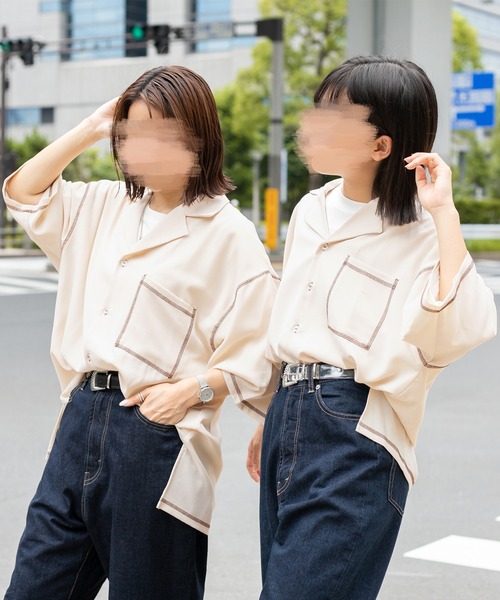 PairPair(ペアペア)の「配色ステッチ開襟シャツ(ユニセックス)(シャツ/ブラウス・メンズ・ブラック/アイボリー/ブルー系その他/カーキ・MEDIUM/LARGE)」の6枚目の写真