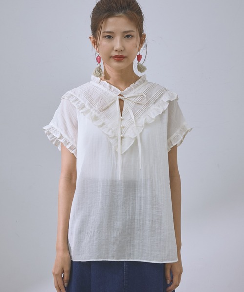 vis-`a-vis（ビサビ）の「【WEB限定】フリルピンタックフレンチスリーブブラウス（シャツ/ブラウス・レディース・ブラック/オリーブ/キナリ・FREE）」の8枚目の写真