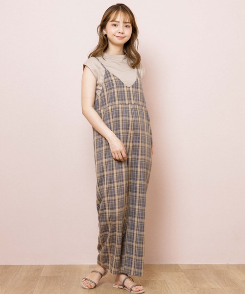 flower(フラワー)の「マニッシュチェックロンパース(サロペット/オーバーオール・レディース・ベージュ/ブラウン・FREE)」の2枚目の写真