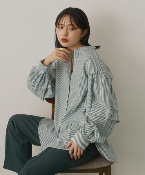 Aunt Marie's（アントマリーズ）の「バンドカラーランタンスリーブブラウス（シャツ/ブラウス・レディース・ブラック/グリーン/ホワイト/ブルー・FREE）」の5枚目の写真