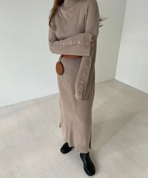 ボタンスリーブリブニットワンピース