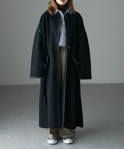 etoll.（エトル）の「パイピング ノーカラー ロングコート（ノーカラーコート・レディース・アイボリー/グレー/モカ/ブラック・M）」の2枚目の写真