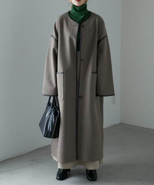 etoll.（エトル）の「パイピング ノーカラー ロングコート（ノーカラーコート・レディース・アイボリー/グレー/モカ/ブラック・M）」の4枚目の写真