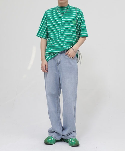 WESTBOY(ウエストボーイ)の「マルチボーダー ロゴ ビッグシルエットモックネックTシャツ WO22S2TP02 【WB ORIGINALS】(Tシャツ/カットソー・メンズ・グリーン/ブラック・M/XL/L)」の3枚目の写真