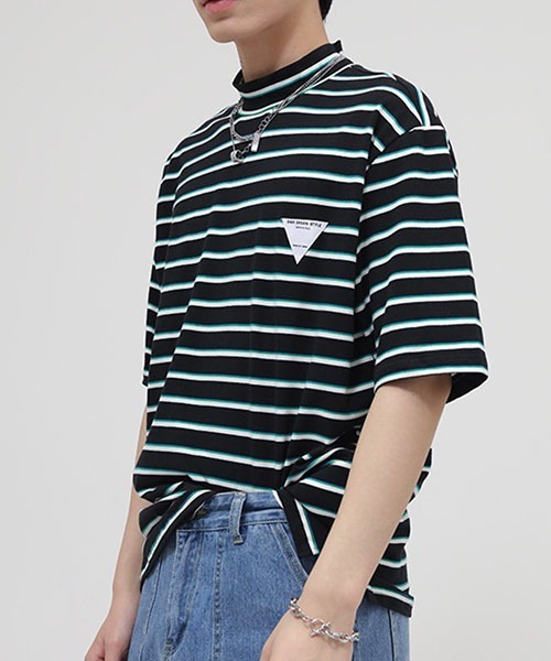 WESTBOY(ウエストボーイ)の「マルチボーダー ロゴ ビッグシルエットモックネックTシャツ WO22S2TP02 【WB ORIGINALS】(Tシャツ/カットソー・メンズ・グリーン/ブラック・M/XL/L)」の7枚目の写真