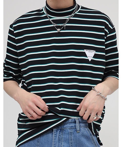 WESTBOY(ウエストボーイ)の「マルチボーダー ロゴ ビッグシルエットモックネックTシャツ WO22S2TP02 【WB ORIGINALS】(Tシャツ/カットソー・メンズ・グリーン/ブラック・M/XL/L)」の10枚目の写真
