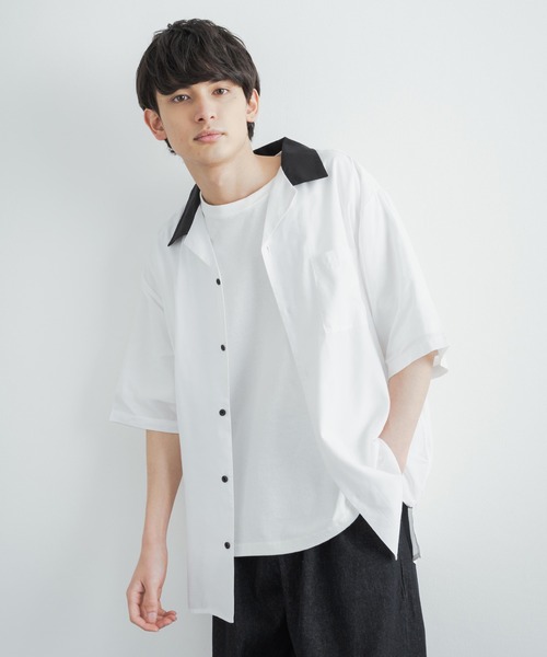 Rocky Monroe(ロッキーモンロー)の「クレリックオープンカラードレープ半袖シャツ(シャツ/ブラウス・メンズ・ホワイト/チャコールグレー/ブラック/サックスブルー/ブルーグリーン/グレイッシュベージュ・M/L)」の2枚目の写真
