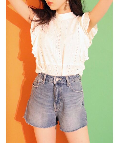 EVRIS（エヴリス）の「コットンレースラッフルノースリーブトップス（タンクトップ・レディース・ホワイト/ブラック/オレンジ・FREE）」の11枚目の写真