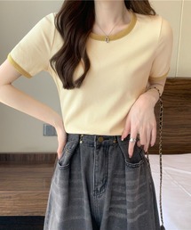 Anuenue（アヌエヌエ）の「バイカラークルーネックリブトップス 半袖（Tシャツ/カットソー）」