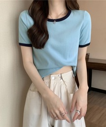 Anuenue（アヌエヌエ）の「バイカラークルーネックリブトップス 半袖（Tシャツ/カットソー）」