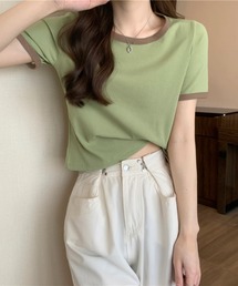 Anuenue（アヌエヌエ）の「バイカラークルーネックリブトップス 半袖（Tシャツ/カットソー）」