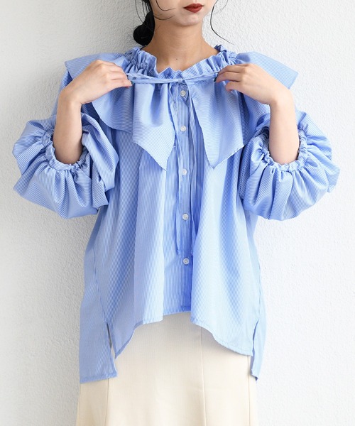 sango（sango）の「先染めストライプフリルブラウス（シャツ