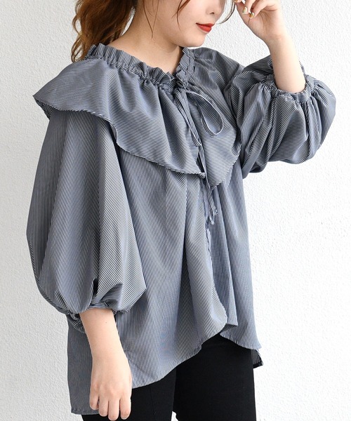 ブラウス シャツ 先染めランダムストライプフリルドルマンブラウス レディース STYLEBLOCK ブラウス シャツ 先染めランダムストライプフリル