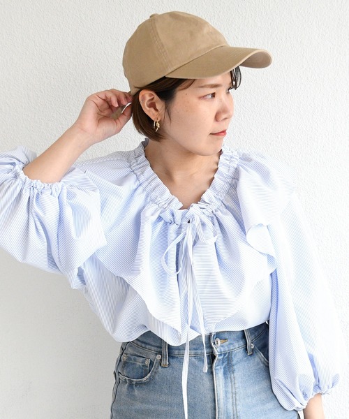 sango（sango）の「先染めストライプフリルブラウス（シャツ