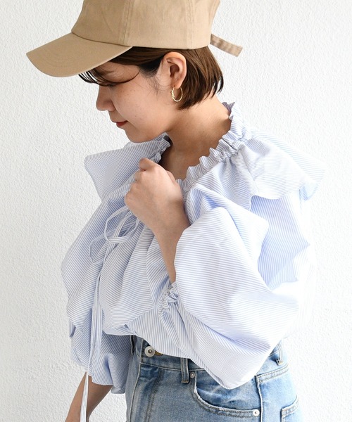 sango(sango)の「先染めストライプフリルブラウス(シャツ/ブラウス・レディース・ネイビー/ライトブルー/ホワイト・FREE)」の14枚目の写真