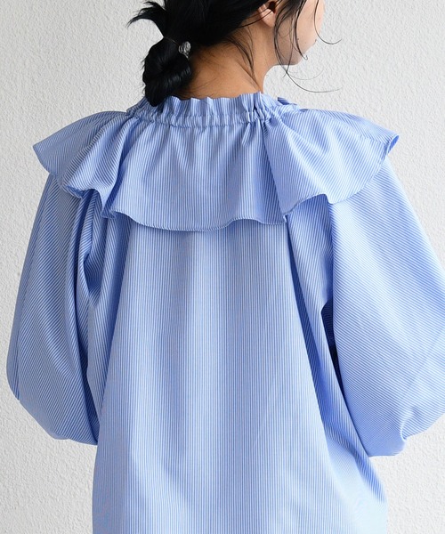 sango(sango)の「先染めストライプフリルブラウス(シャツ/ブラウス・レディース・ネイビー/ライトブルー/ホワイト・FREE)」の11枚目の写真