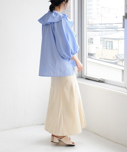 sango(sango)の「先染めストライプフリルブラウス(シャツ/ブラウス・レディース・ネイビー/ライトブルー/ホワイト・FREE)」の8枚目の写真