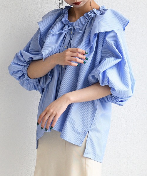 sango(sango)の「先染めストライプフリルブラウス(シャツ/ブラウス・レディース・ネイビー/ライトブルー/ホワイト・FREE)」の19枚目の写真